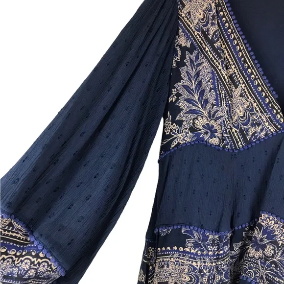 Free People My Love Mini Dress Sz Small S Indigo Blue Pom Pom Paisley Boho Chic - Picture 11 of 15